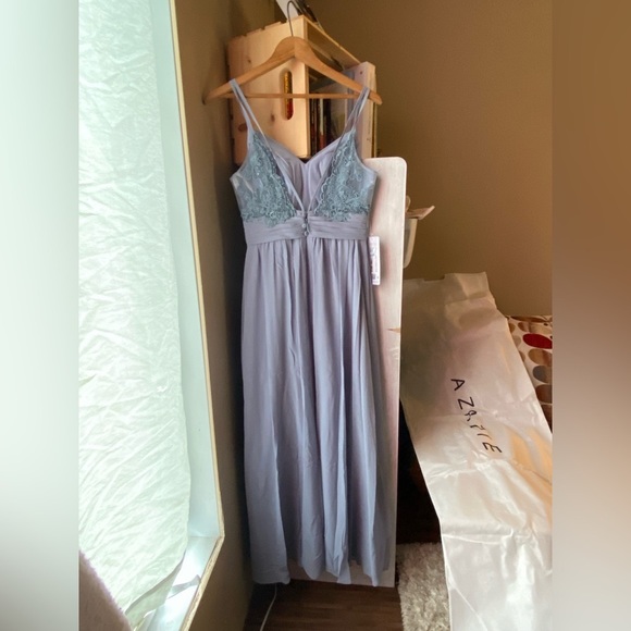 A-Line Lace Chiffon Floor-Length Dress in Dusty Blue - Picture 4 of 10